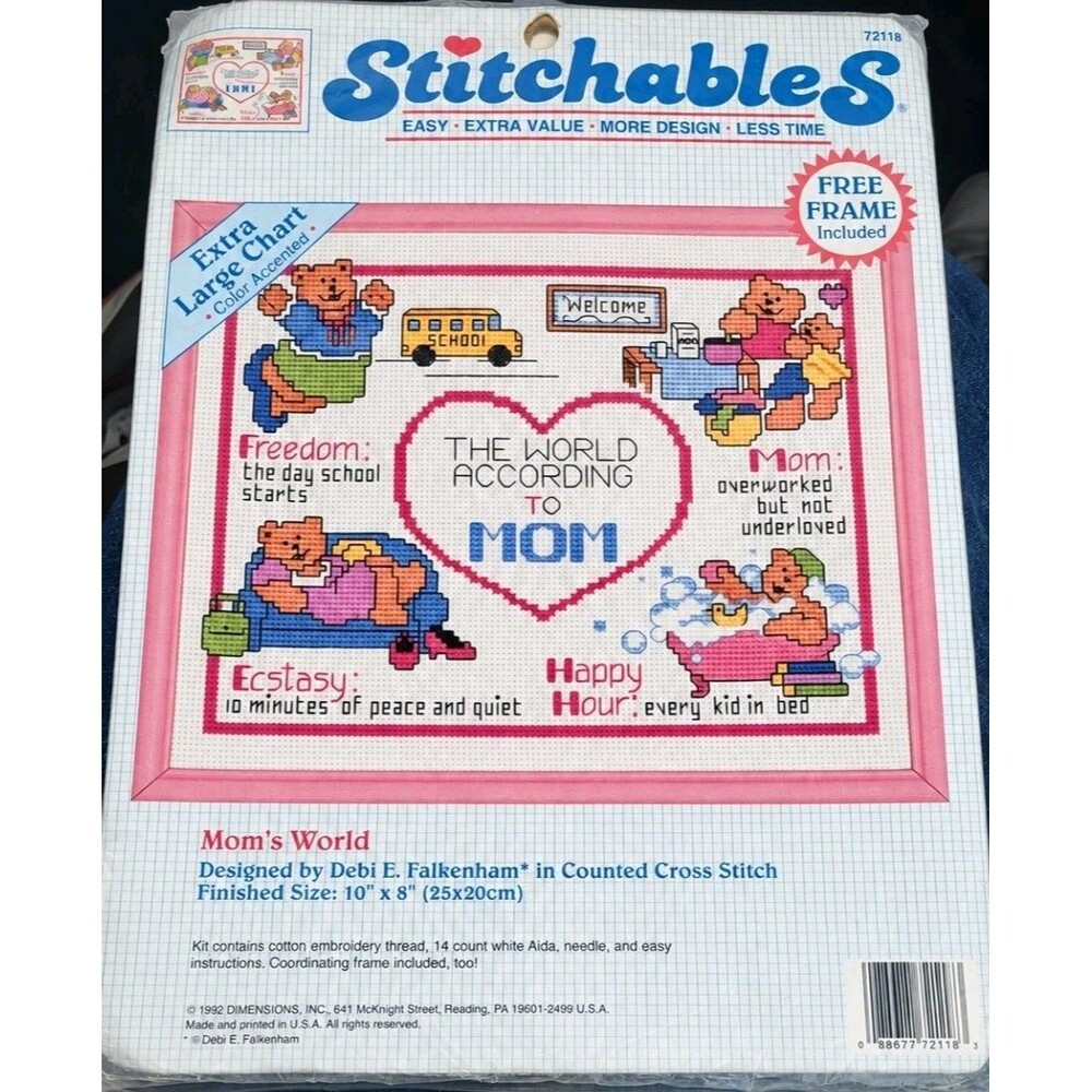 Vintage 1992 Dimensions Stitchables Mom's World Cross Stitch Kit 72118 w/ Frame
